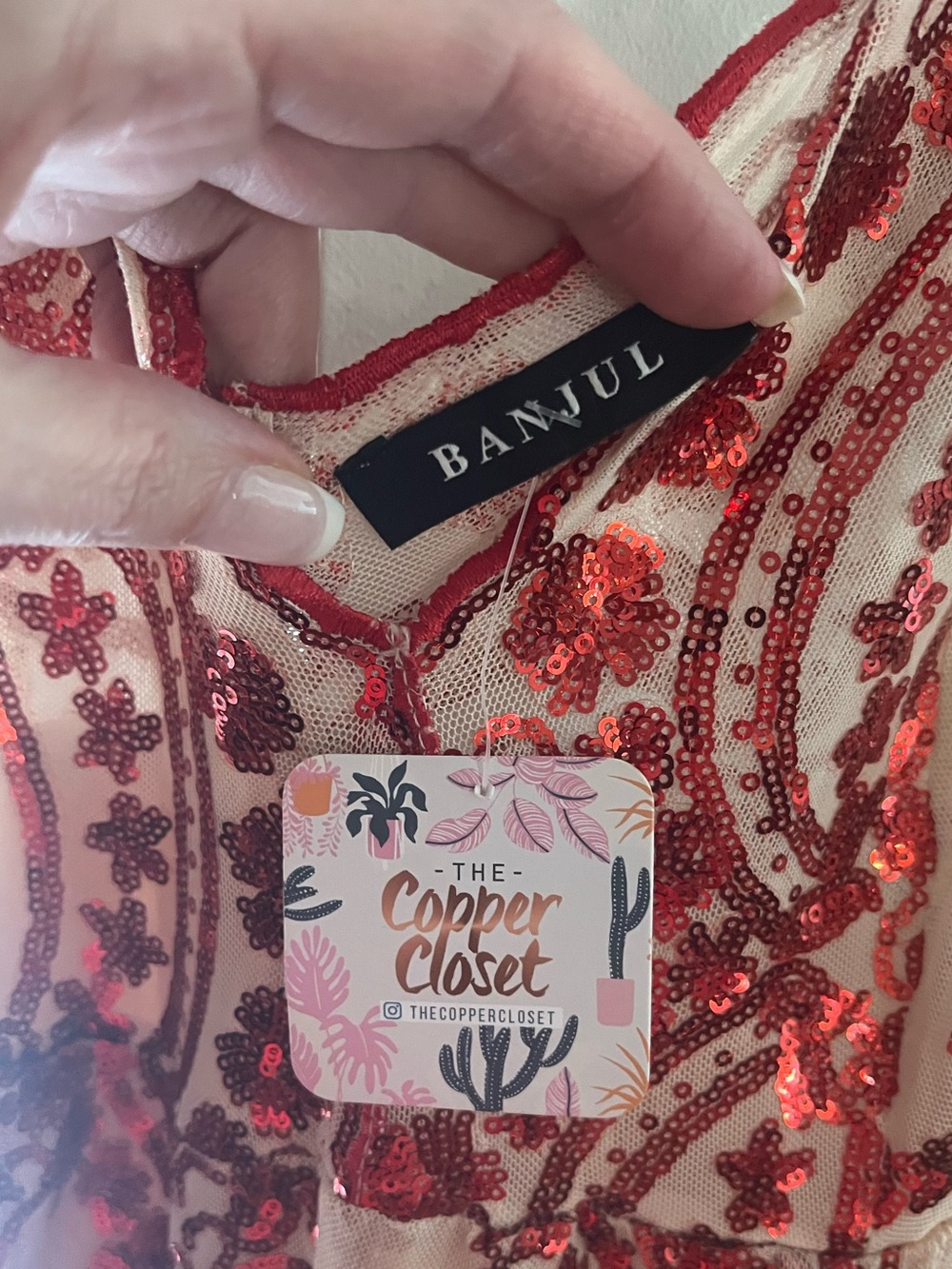 NWT Banjul Sheer Cream with Red Sequin Floral Open Wide-Leg Jumpsuit Size L - Picture 11 of 11
